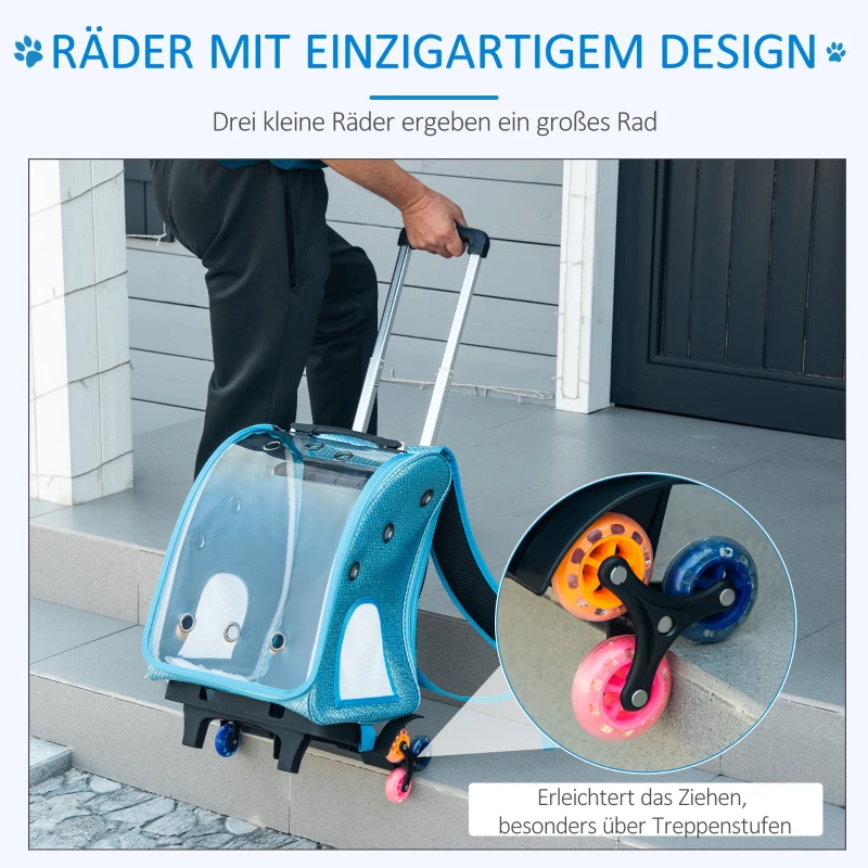 Pawhut Haustiertrolley 2 in 1 Design Haustierrucksack Sicherheitsleine Oxfordstoff Blau