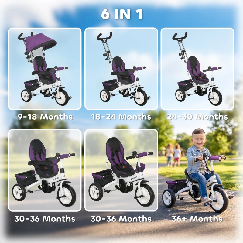 HOMCOM 6 in 1 Kids Trike Push Bike w/ Push Handle, Canopy, 5-point Seat Belt, Storage, Footrest, Brake, for 1-5 Years, Purple