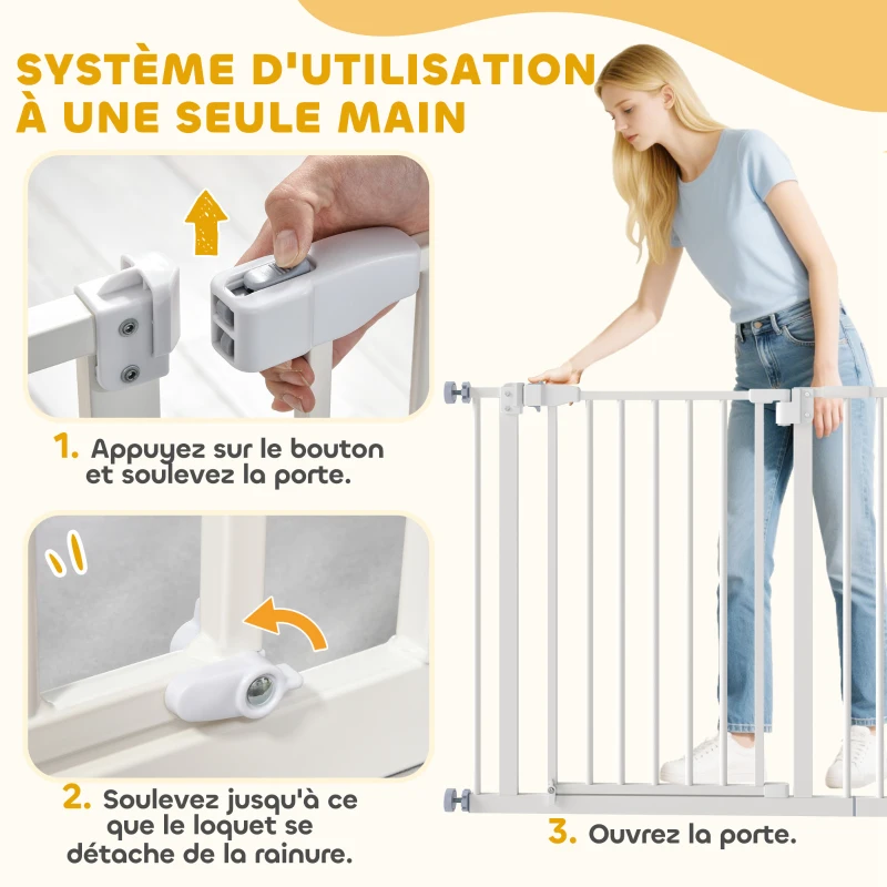 PawHut Barrière de sécurité largueur réglable 74-80 / 91,5-97,5 cm double verrouillage fermeture automatique barrière chien pour porte couloir escalier sans perçage acier blanc