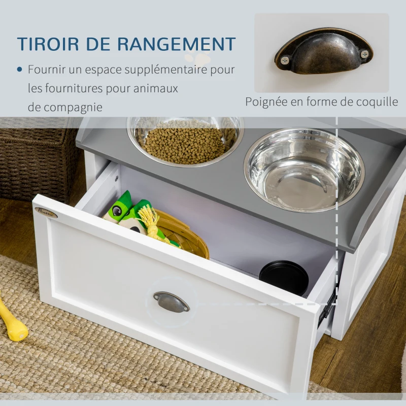 PawHut Gamelle double chien chat - porte-gamelles surélevé rangement 2 en 1 - tiroir, 2 gamelles - acier inox. MDF blanc gris