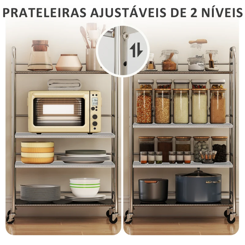 HOMCOM Carrinho Auxiliar com Rodas de Aço Inoxidável de 4 Níveis com Prateleira Ajustável 2 Rodas com Travão 60x35x100 cm  Prateado