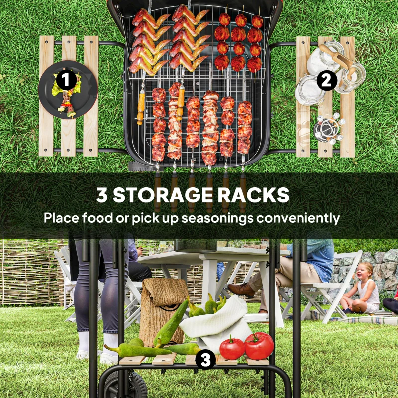 Outsunny Charcoal Barbecue Grill Portable BBQ Grill with 1840 cm² Cooking Area, 3 Shelves, Adjustable Vent, Lockable Lid, Wheels for Outdoor Cooking, Garden Party, Red