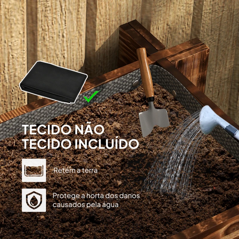 Outsunny Caixa de Plantio de Madeira de 3 Níveis com Malha Geotextil para Cultivos de Plantas Flores Exterior 93x93x35 cm Carbonizado