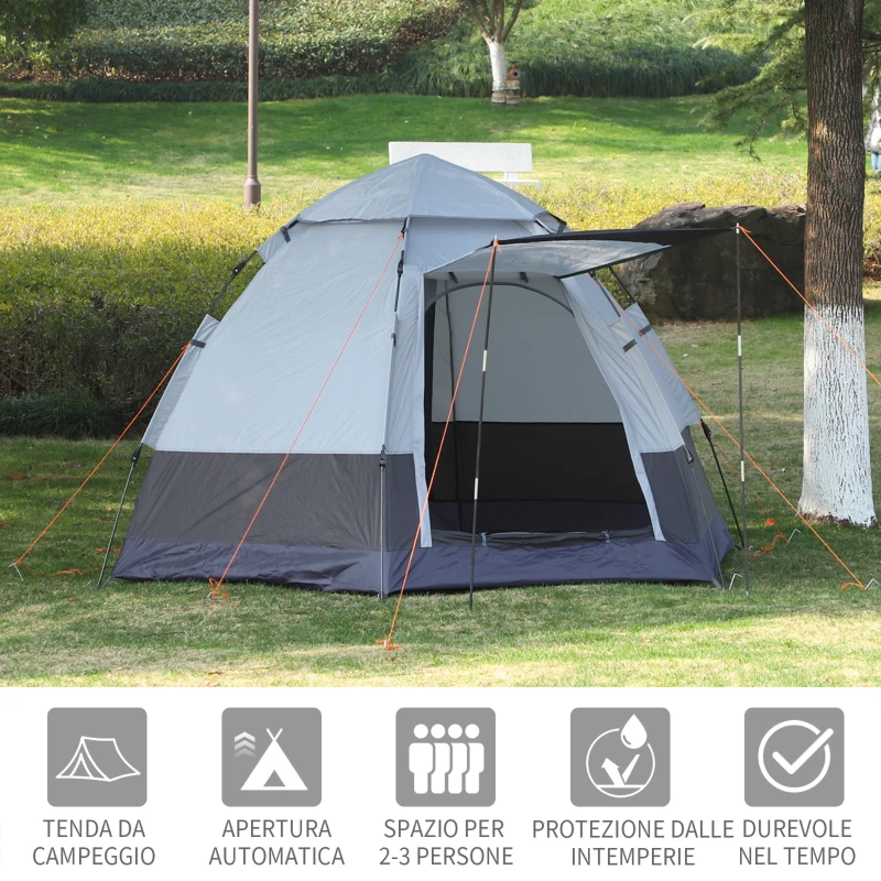 Outsunny Tenda da Campeggio 2 Posti con Apertura Automatica e Accessori, in Acciaio e Tessuto Oxford, Grigia e Nera