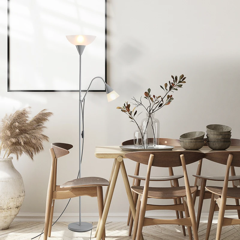 HOMCOM moderne staande lamp 2 koppen verstelbare leeslamp, vloerlamp, ontwerp met dubbele kop en stalen voet, zilver, wit, 28 x 28 x 179,5 cm