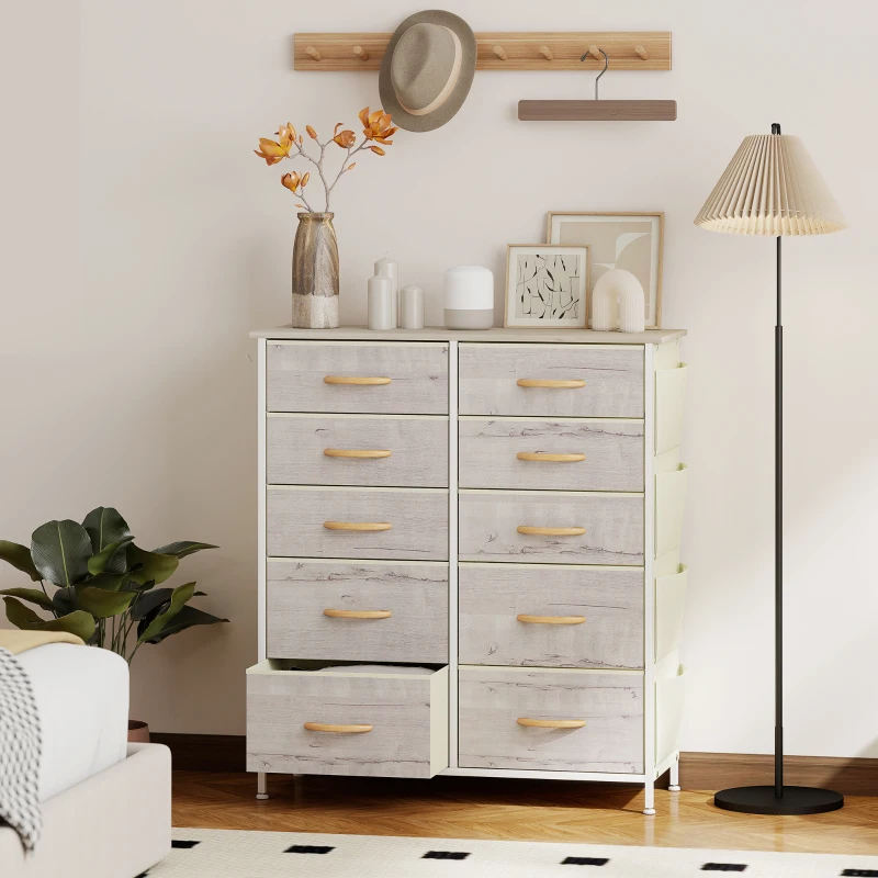 HOMCOM Chest of Ten Fabric Drawers - Natural Wood Finish