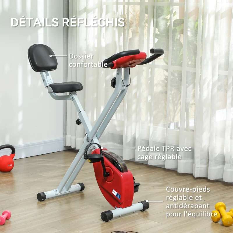 Vélo d'appartement pliable- Collaboration Aosom.fr x FFHandball - 8 niveaux de résistance, dossier selle réglable, rouge