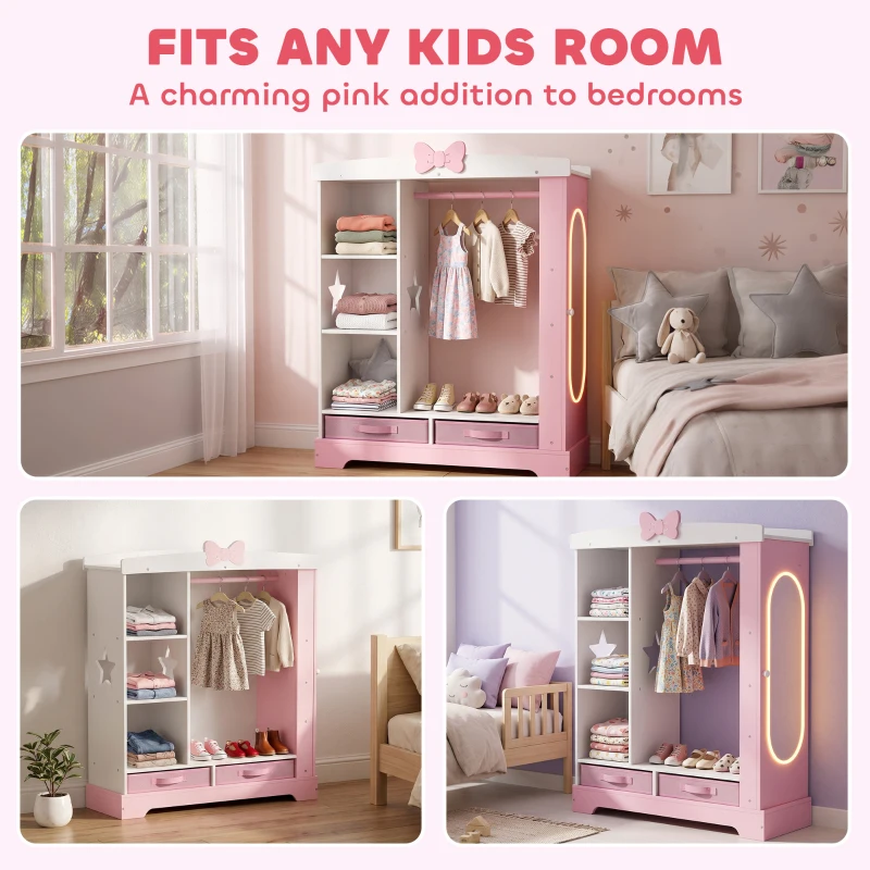 AIYAPLAY Kids Wardrobe with Lighted Mirror, Clothes Rail, Jewelry Cabinet, Shelves, Storage Boxes for Bedroom, Nursery, Pink