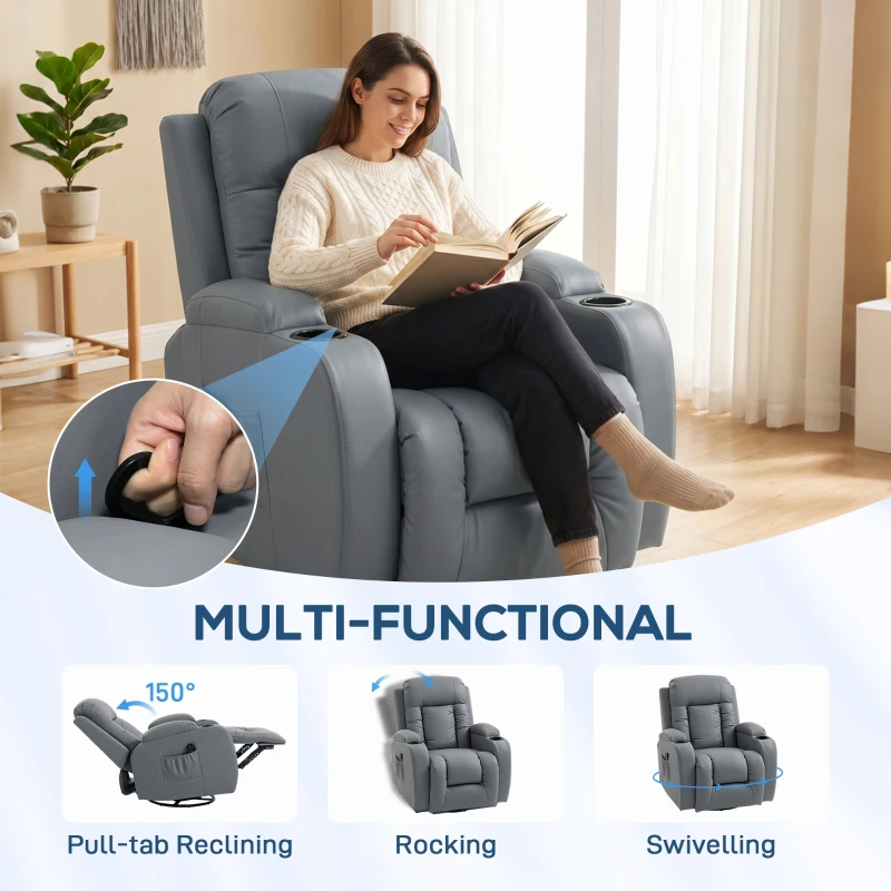 HOMCOM Massage Recliner Armchair, PU Leather Recliner Chair, Grey