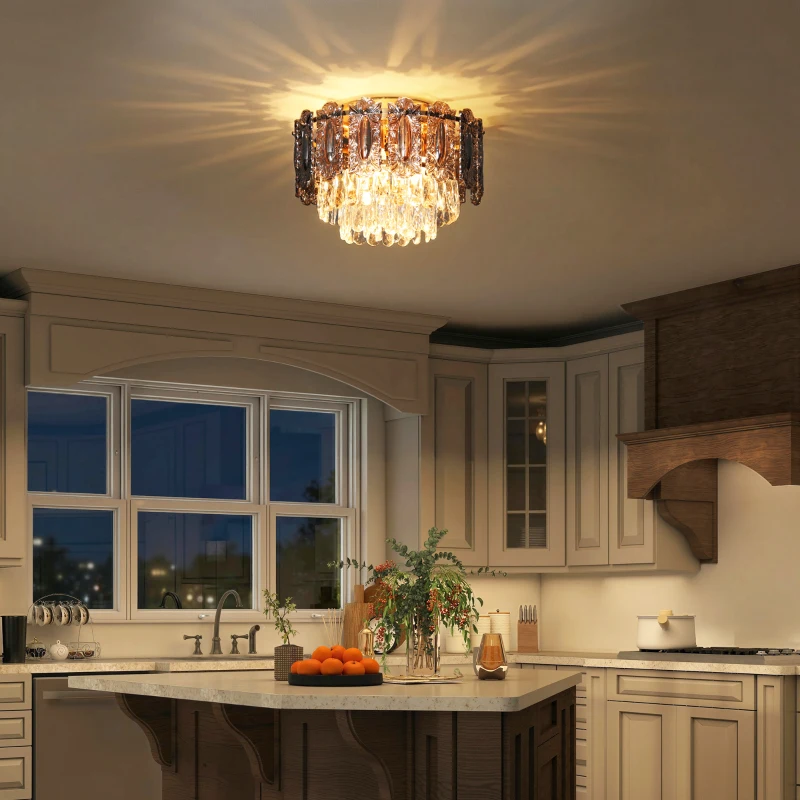 HOMCOM Chandelier Ceiling Light, 3-Light Flush Mount Fixture with Dual Crystal and Smoke Glass Shade, 40 cm LED Ceiling Light for Living Room Bedroom, 3 E14 Sockets, Bulbs Not Included, Gold Tone