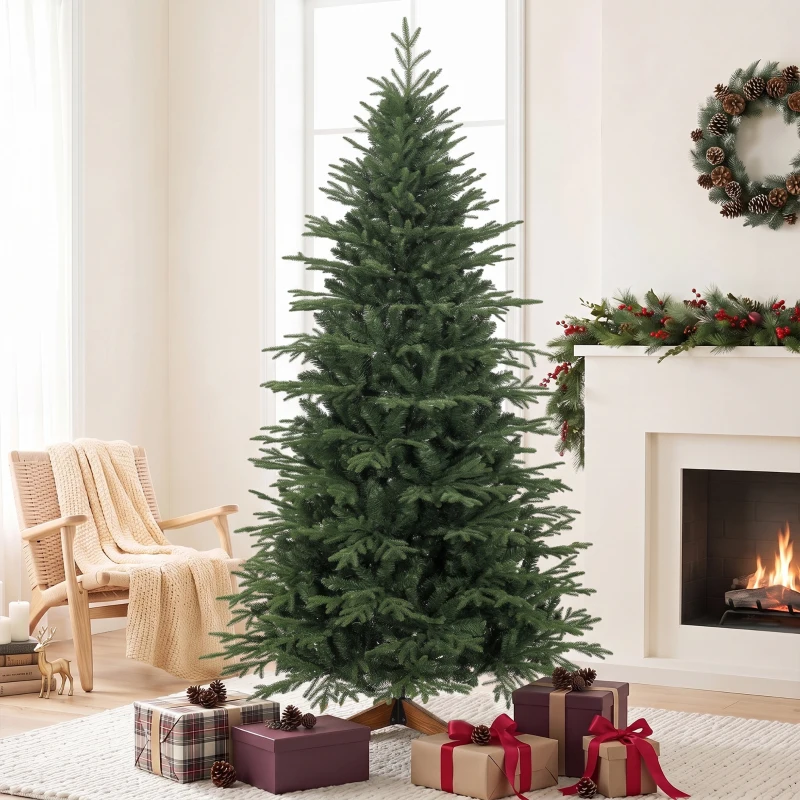 HOMCOM 7ft Artificial Christmas Tree Full Hinged Xmas Tree Solid Pine Wood Stand, Green