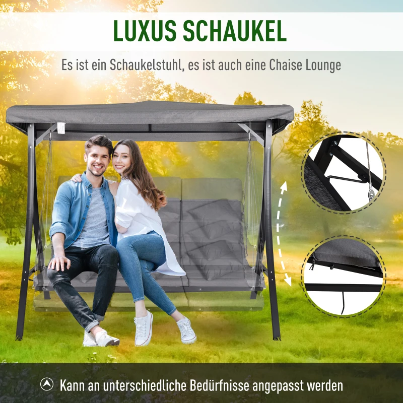 Outsunny Hollywoodschommel 3-zitter tuinschommel verstelbaar dak Textileen grijs