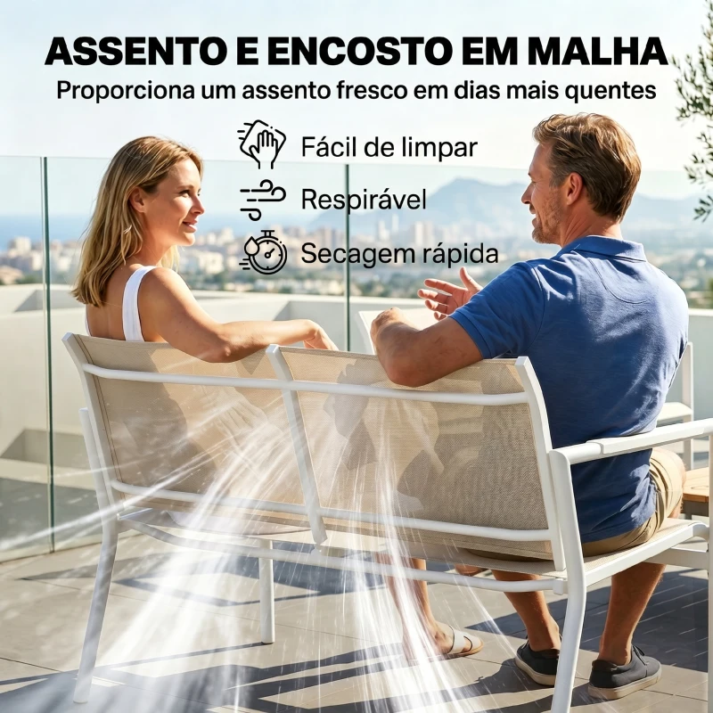 Outsunny Conjunto de Jardim Exterior com Sofá de 2 Lugares 2 Poltronas e Mesa com Tampo Metálico Assentos Respiráveis Creme