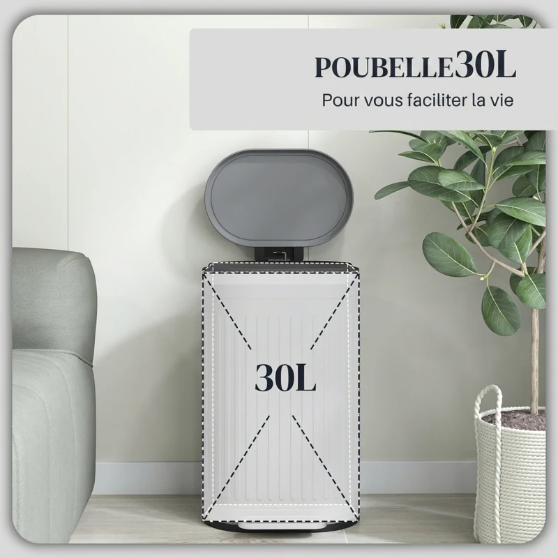 HOMCOM Poubelle de cuisine poubelle à pédale 30L couvercle à fermeture douce seau intérieur amovible 36,5 x 31,2 x 60,8 cm gris