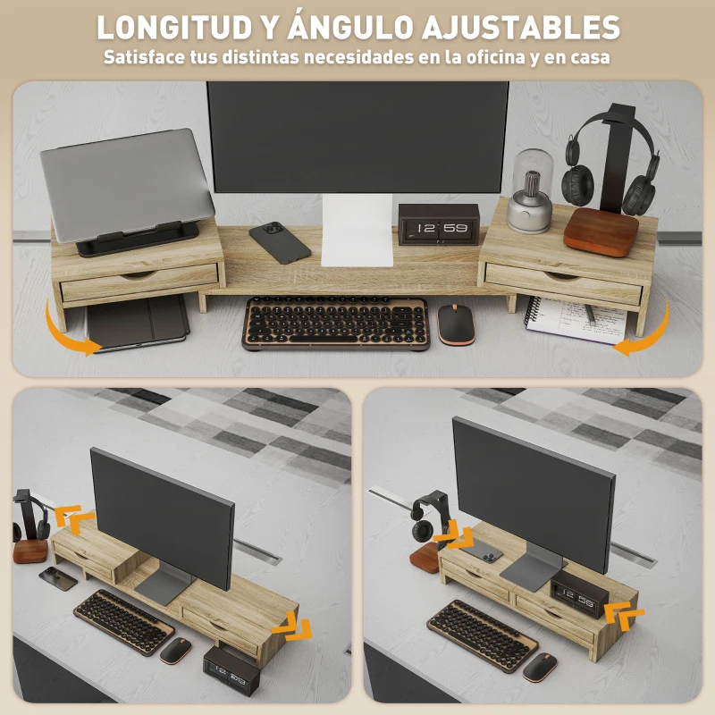 HOMCOM Elevador Monitor Ángulo y Longitud Ajustable con 2 Cajones para Portátil Computadora PC 60-116x22x12 cm Roble