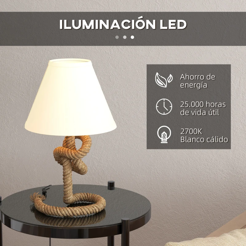 HOMCOM Lámpara de Mesa LED con Base de Metal Cuerda de Lino y Pantalla de Tela Max.40W Ø28x50 cm Marrón y Beige