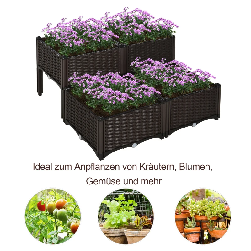Outsunny verhoogd bed, 4-delige plantenbak met afwateringsgaten, plantenkasst in rotan-look, PP, bruin