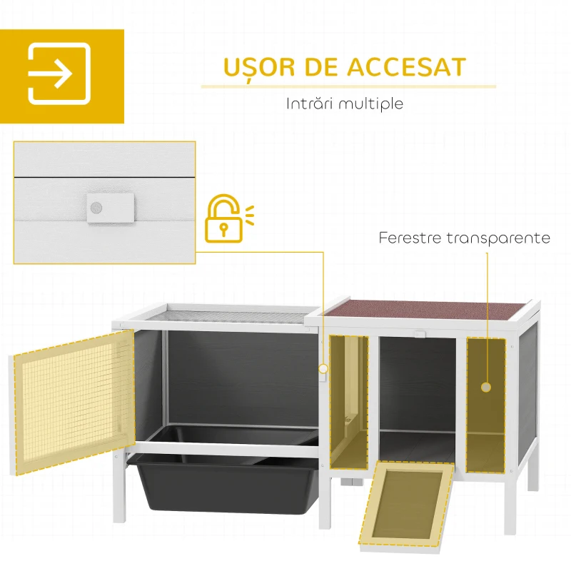 PawHut Cușcă de Exterior pentru Iepuri cu Căsuță, Zonă de Joacă și Tavă, Cușcă din Lemn de Brad, Metal, PET și Acoperiș din Bitum, 105x57,5x51,5 cm, Multicolor