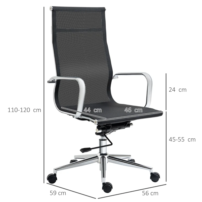 Vinsetto Silla de Escritorio Ergonómica Tela de Texteline Transpirable Silla de Oficina Giratoria con Altura Ajustable Reposabrazos y Respaldo Alto 56x59x110-120 cm Negro