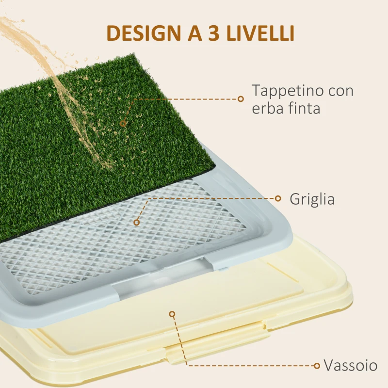 PawHut Lettiera per Cani 3 Strati con Prato Sintetico, Griglia e Vassoio Inferiore, 63x48.5cm