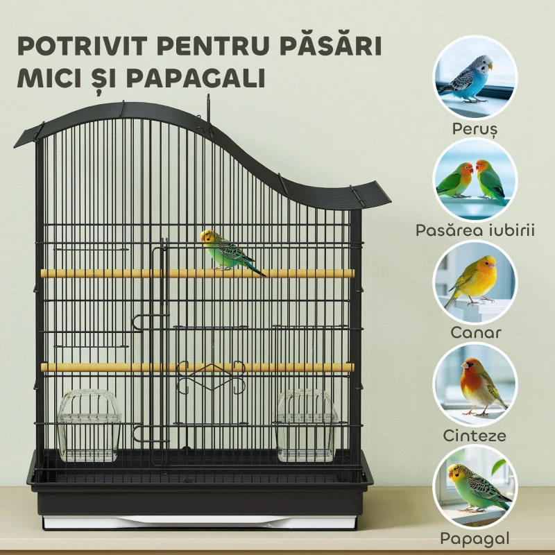 PawHut Cușcă pentru Păsări cu 4 Accesuri, 2 Boluri, 2 Stinghii și Tavă Detașabilă, Volieră din Metal și Plastic, 47,5x36x54,5 cm, Negru