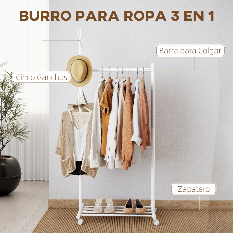 HOMCOM Burro para Ropa con Ruedas 5 Ganchos Barra para Colgar y Balda Inferior para Recibidor Entrada 68x43x171 cm Blanco
