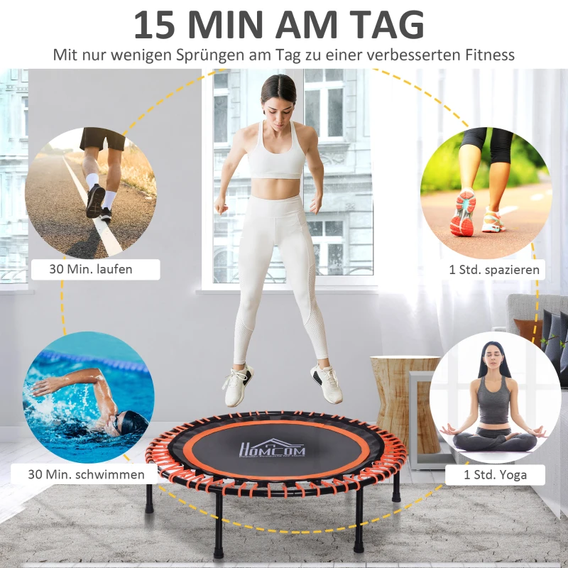 HOMCOM Trampoline voor kinderen en volwassenen, tuintrampoline, yoga, 100 kg draagvermogen, staal, zwart, Ø 101,6 x 25 H cm