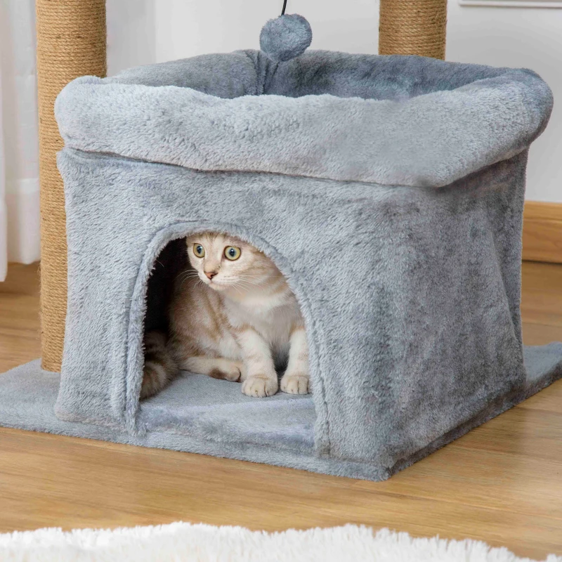 PawHut Tiragraffi per Gatti con Pali in Juta, Casetta e Cuscino, Rivestimento Peluche, Altezza 84cm, Grigio