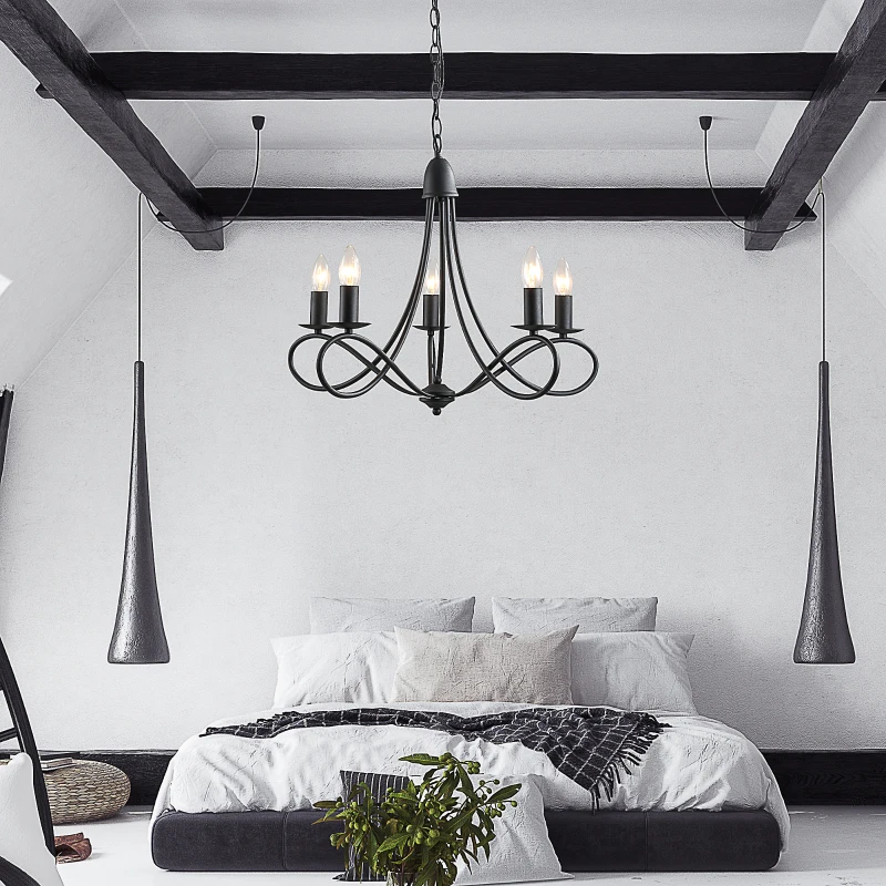 HOMCOM Lustre suspension style néo-rétro 5 chandeliers 40 W max. 230 V longueur câble réglable dim. Ø58 x 45H cm métal noir