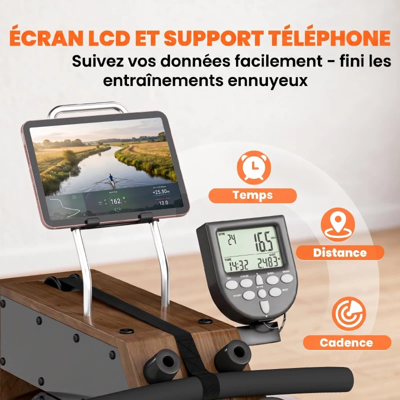 SPORTNOW Rameur à Eau Rameur Appartement Pliable Double Rail Aluminium Capacité 158kg Connexion Bluetooth 182x42x67cm Chêne