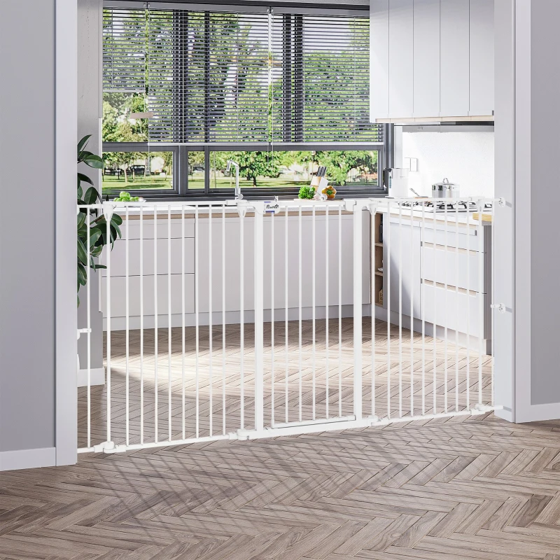 PawHut Barrière pour chien en acier à 3 panneaux pliante double verrouillage et porte intégrée pour porte et escalier blanc