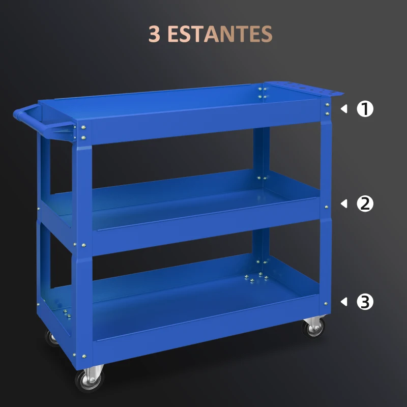 DURHAND Carro de Taller de Acero con 3 Estantes de Almacenamiento y Asa Lateral Carga 150 kg 83x35,3x76 cm Azul
