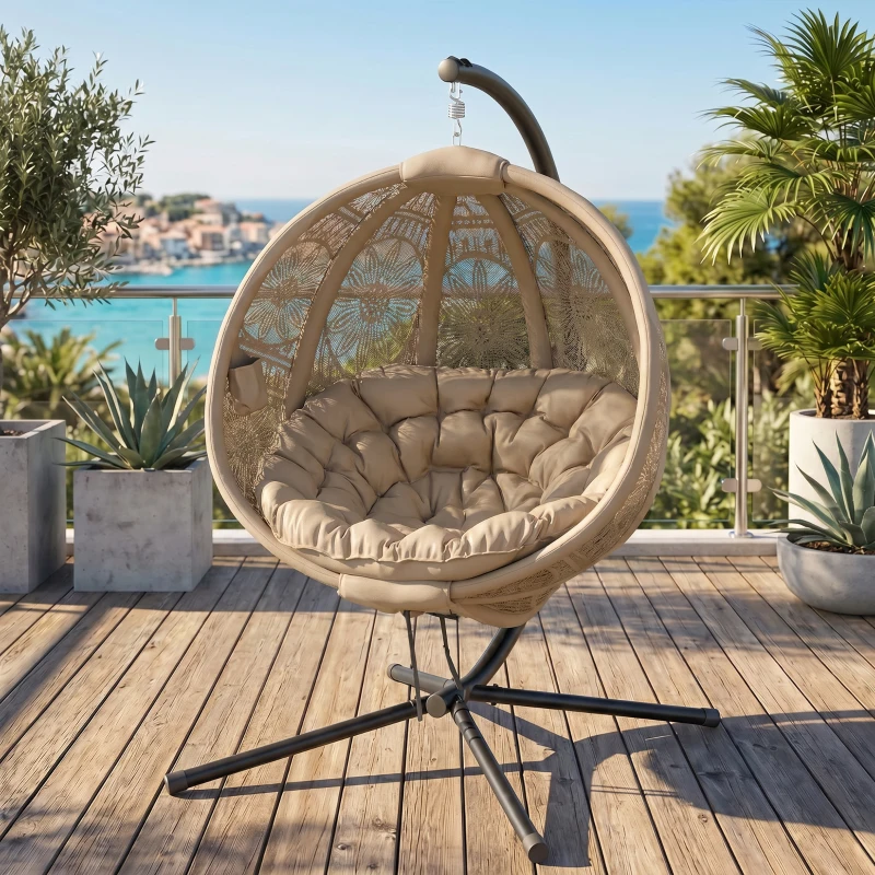 Outsunny Round Egg Basket Chair, with Steel Stand, Sand