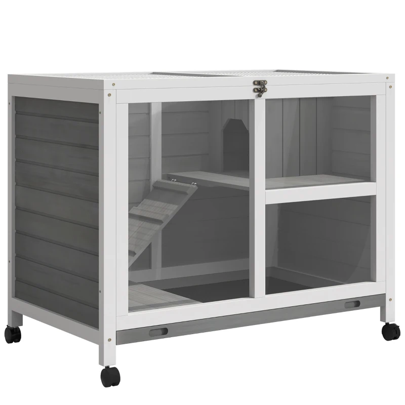 PawHut Cage à lapin clapier sur roulettes petit enclos animaux en bois massif 2 étages toit ouvrant plates-formes 91,5 x 53,3 x 73 cm gris