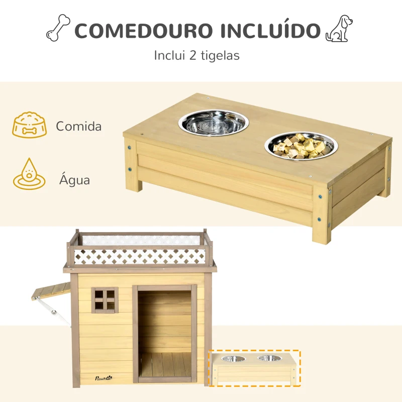 PawHut Casa para Cães de Madeira Casa para Cães Pequenos com 2 Janelas 2 Tigelas de Aço Inoxidável e Espaço de Cultivo para Interior e Exterior 105x65x80cm Natural