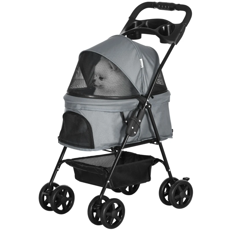 PawHut Dog Pram Dog Stroller Foldable Pet Pushchair with 4 Wheels, Safety Leashes, Cup Holder for Small Dogs, Grey