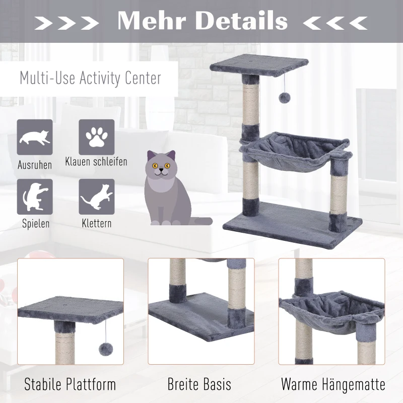 PawHut Kattenboom 3 verdiepingen krabpaal kattenbed met hangmat sisal paal pluche grijs(m-5)
