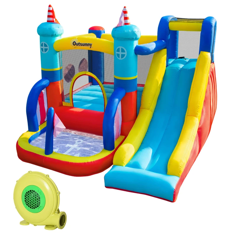 Outsunny Kids Bouncy Castle, 4 in 1 Large Sailboat Style Inflatable House Slide Trampoline Water Pool Climbing Wall with Blower Carrybag for Kids Age 3-8, 2.65 x 2.6 x 2m