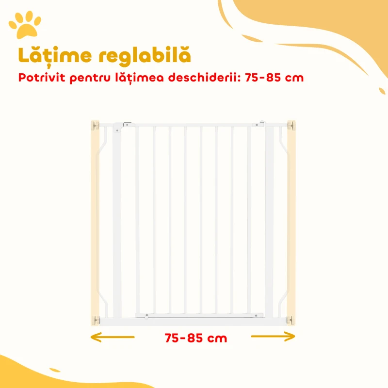 PawHut Poartă pentru Câini Extensibilă și Reglabilă pentru Scări și Uși, din Oțel și ABS, 75-85x76 cm, Alb
