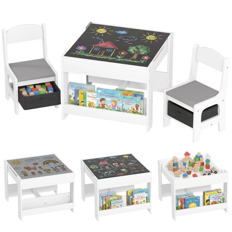 HOMCOM Ensemble 3 pièces table et 2 chaises pour enfant avec plateau réversible tableau noir, panier de rangement, étagères