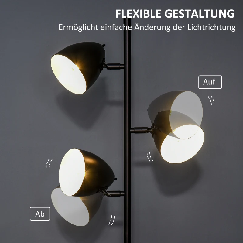 HOMCOM Stehlampe, Bodenlampe, 3 einstellbare Schirme, Metall, Schwarz