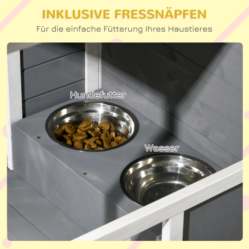 PawHut Hundehütte aus Massivholz, mit 2 Fressnäpfen, Veranda, wetterbeständig, 103 cm x 62 cm x 66 cm, Grau + Weiß
