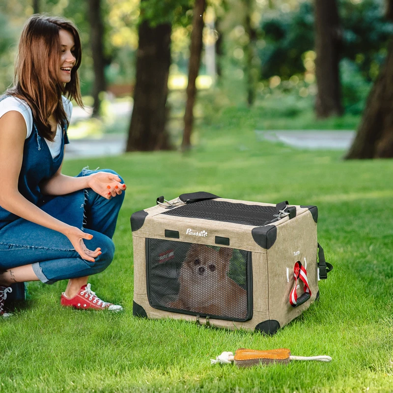 PawHut Mochila Transportadora para Cães e Gatos Pequenos  Dobrável com Almofada Removível e Correia 48,5x33,5x33cm Cáqui Preto
