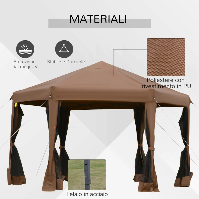 Outsunny Gazebo da Giardino Pieghevole ed Esagonale con Zanzariera, in Acciaio e Poliestere, 3.2x3.2x2.7 m, Marrone
