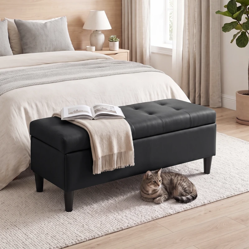 HOMCOM Baúl 136 L Puf Contenedor Reposapiés Grande 110x41x42 cm, Piel Sintética apta para Mascotas, Negro