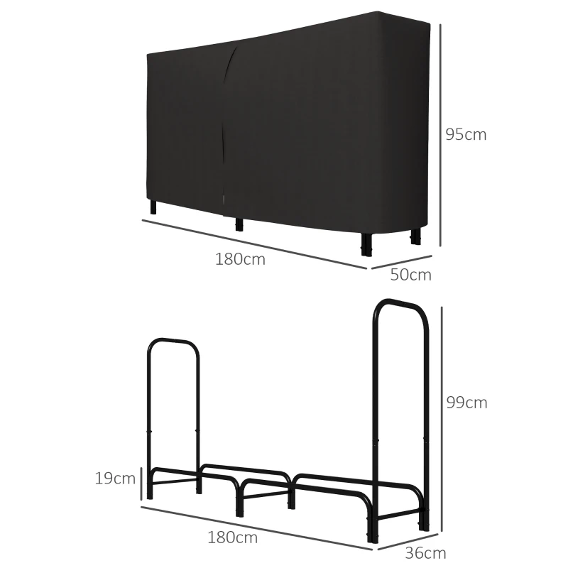 Outsunny Brennholzregal mit 600D Oxford-Abdeckung, robuster Metallrahmen, verstellbar, Tragkraft 200 kg, für Innen und Außen, 180x36x99 cm, Schwarz