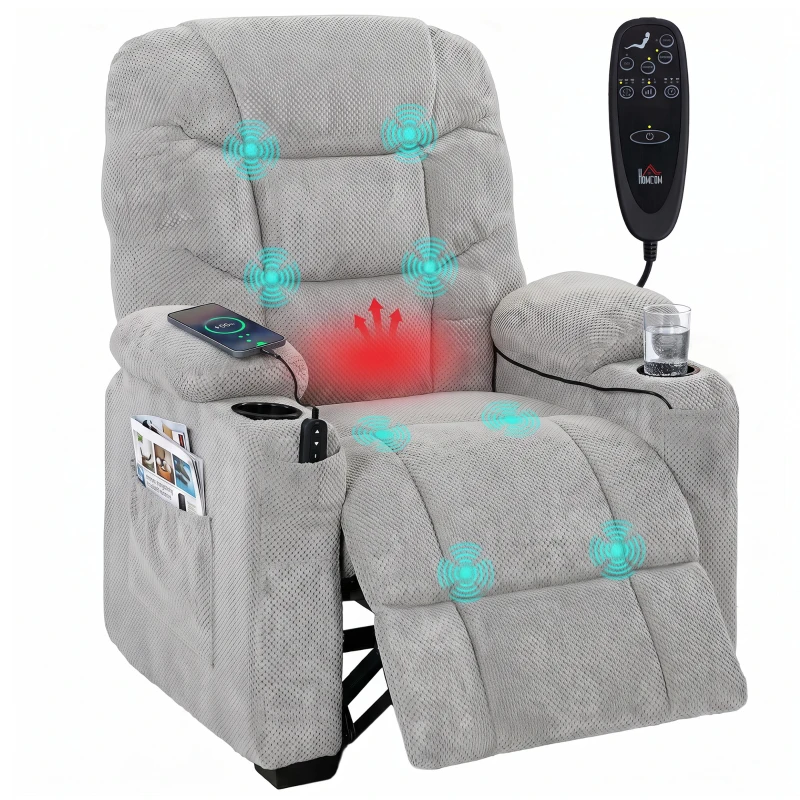 HOMCOM Electric Massage Recliner Armchair with Vibration, Heat, Whisper-Quiet Motor, Memory Function, Fleece Power Reclining Chair with Spring Pack, USB Port, Footrest, Side Pocket, Grey