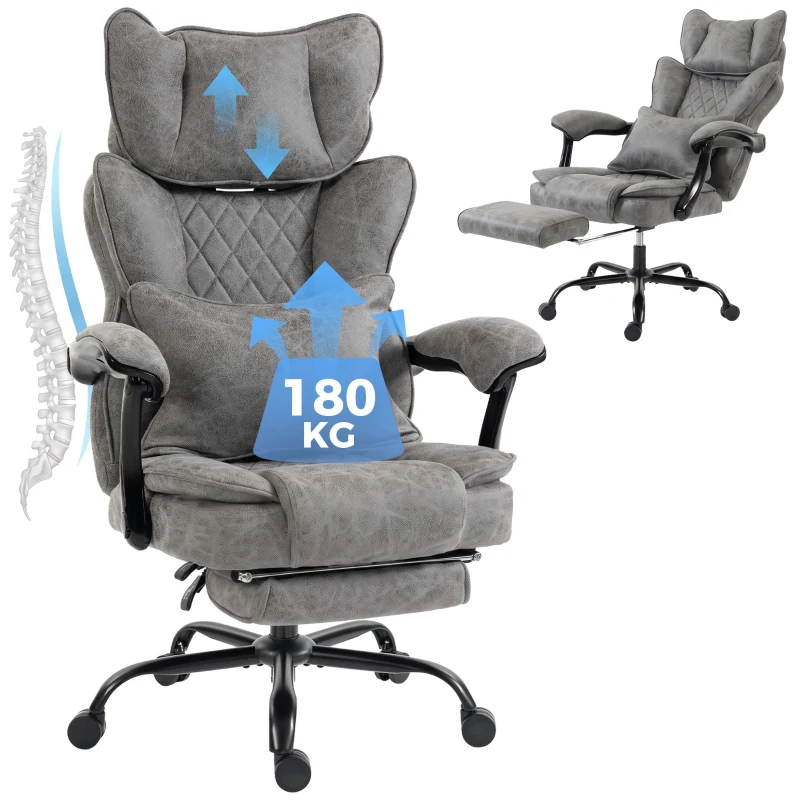 HOMCOM Executive Office Chair, Leathaire Big and Tall Office Chair 180 kg with Wide Seat, Reclining, Lumbar Support, Grey