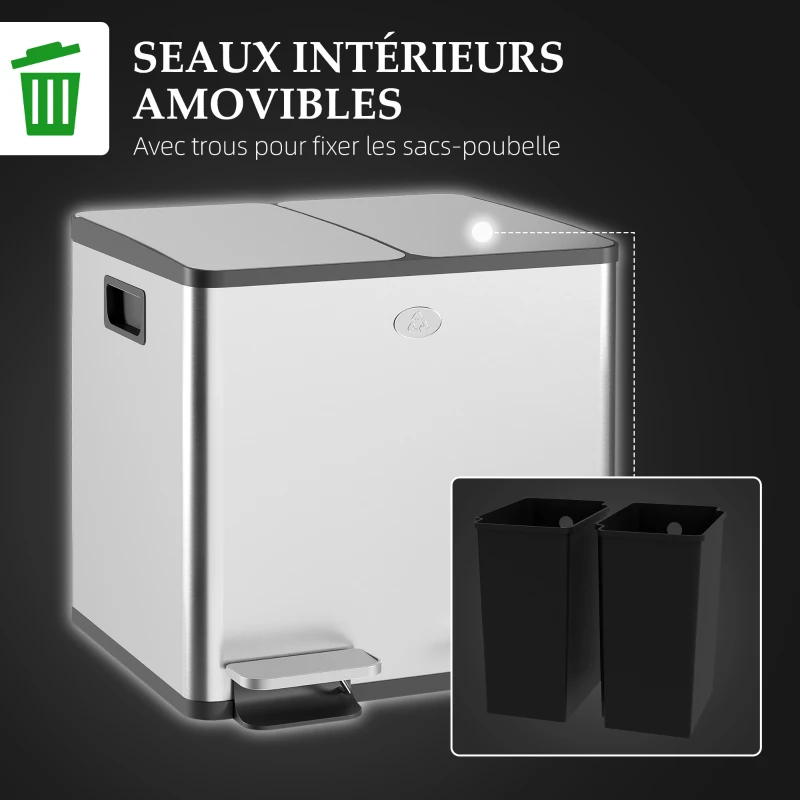HOMCOM Poubelle de cuisine double, 2 x 15L, 2 couvercles à fermeture douce, seaux intérieurs amovibles et poignées