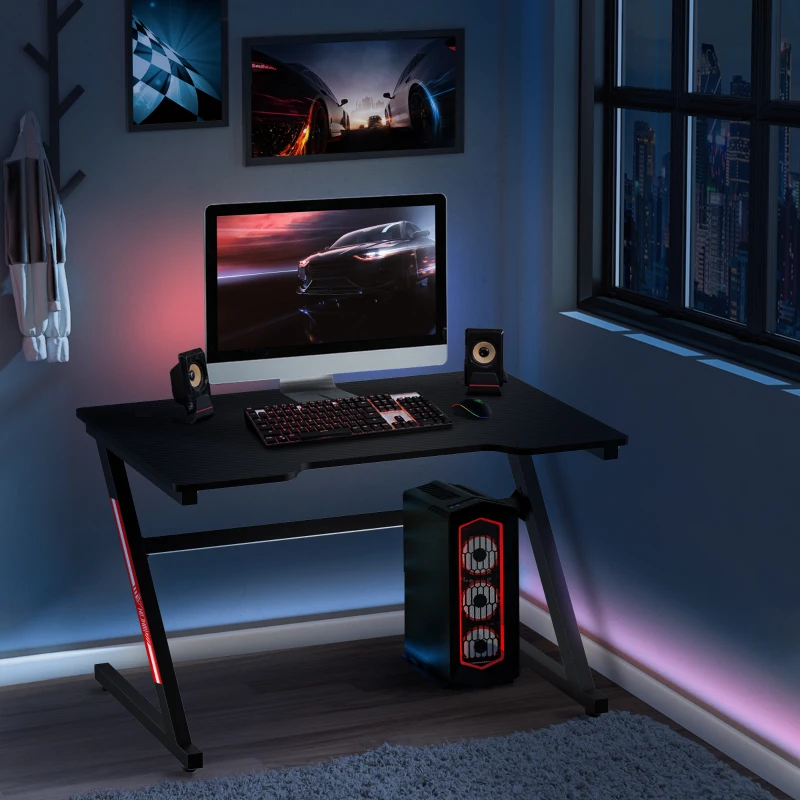 HOMCOM Secretária Gaming Ergonómica Secretária para Computador com Bancada de Fibra de Carbono e Pés Ajustáveis Carga Máxima 150kg 120x60x73cm Preto